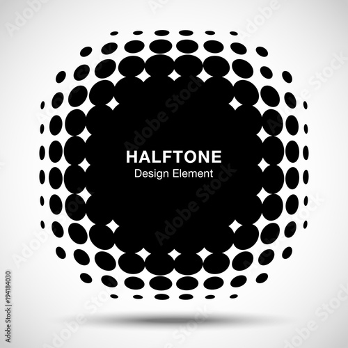 Convex distorted black abstract vector circle frame halftone dots logo emblem design element for new technology pattern background. Round border Icon using halftone circle dots raster texture. Vector 