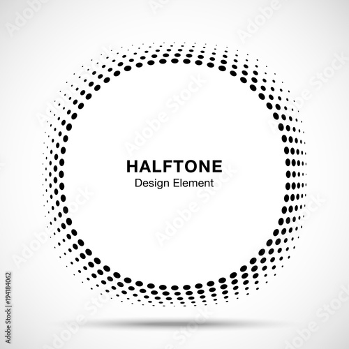 Convex distorted black abstract vector circle frame halftone dots logo emblem design element for new technology pattern background. Round border Icon using halftone circle dots raster texture. Vector 