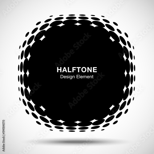 Convex distorted black abstract vector circle frame halftone dots logo emblem design element for new technology pattern background. Round border Icon using halftone circle dots raster texture. Vector 