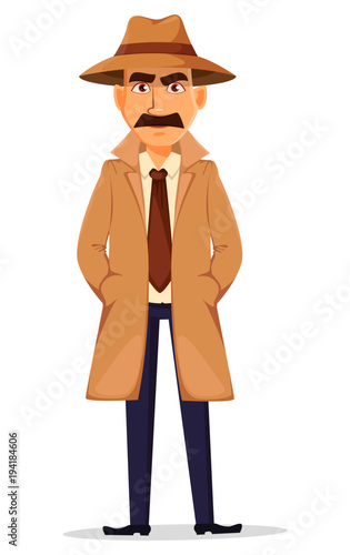 Detective in hat and coat. Handsome character
