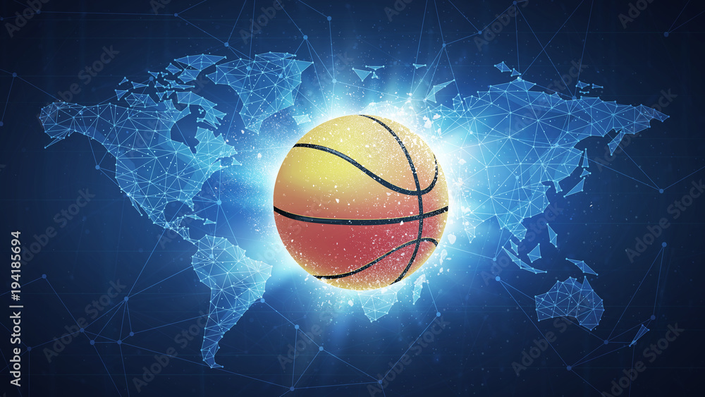 Basketball Ball flying in white particles on the background of blockchain technology network polygon world map. Sport competition concept for basketball tournament poster, placard, card or banner.