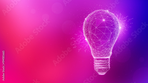 Polygon idea light bulb on blurred gradient multicolored background. Global cryptocurrency blockchain business banner concept. Lamp symbolize inspiration, innovation, invention, effective thinking.