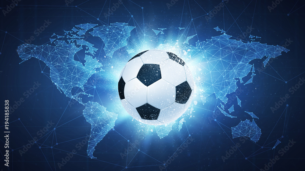 Fototapeta premium Soccer football ball flying in white particles on the background of blockchain technology network polygon world map. Sport competition concept for football tournament poster, placard, card or banner.