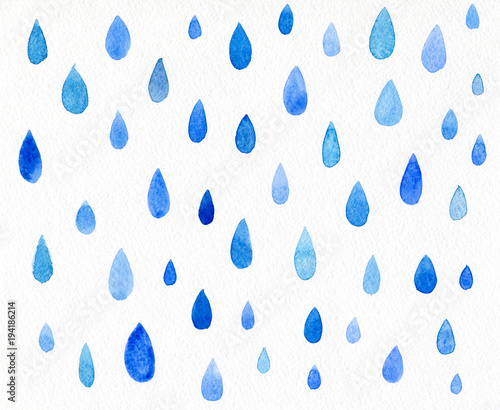 Blue hand painted rain drops. Watercolor illustration