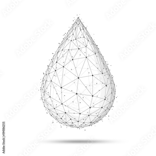 Water drop or oil drop icon made with blockchain technology network polygon isolated on white background. Connection structure of droplet or raindrop. Low poly design.