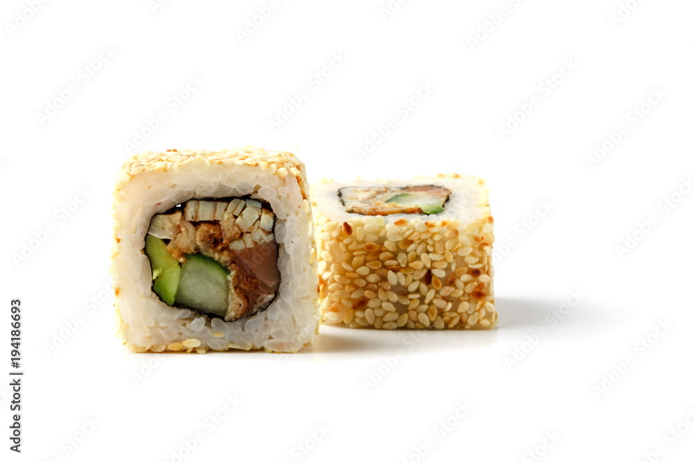 Unagi sushi roll close up view isolate on white Unagi sushi roll close up view isolate on white