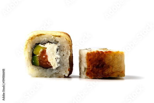 Unagi sushi roll close up view isolate on white