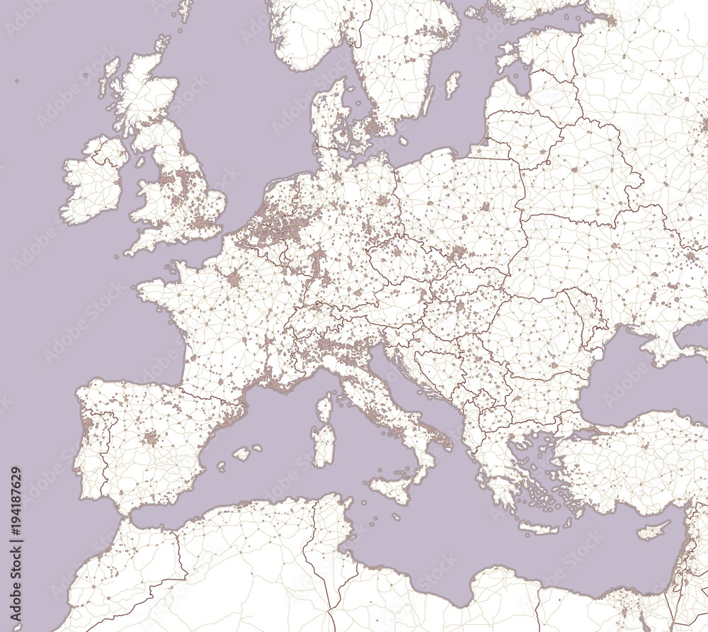 Vettoriale Stock Cartina stradale e politica dell'Europa e nord Africa.  Città europee. Cartina politica con confine degli stati. Aree urbane.  Stradario, atlante | Adobe Stock