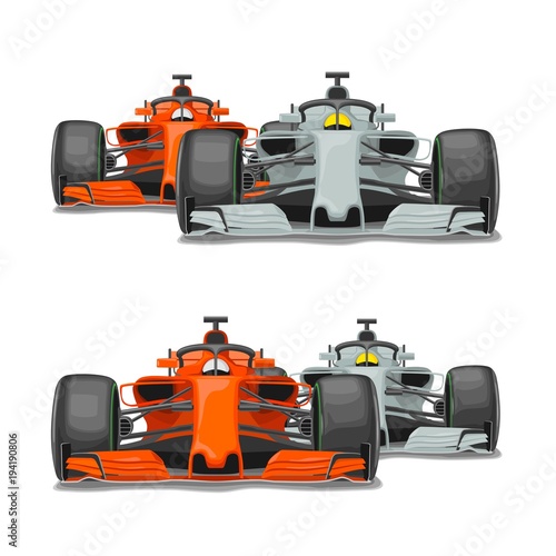 Two cars overtake. Front view. Vector flat