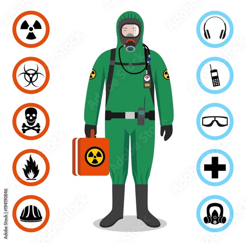 Industry concept. Detailed illustration of worker in green protective suit. Safety and health vector icons. Set of signs: chemical, radioactive, dangerous, toxic, poisonous, hazardous substances.