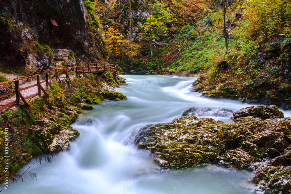 Wonderful Vintgar Gorge canyon at curlicue river and beautiful autumn colors and close to Lake Bled