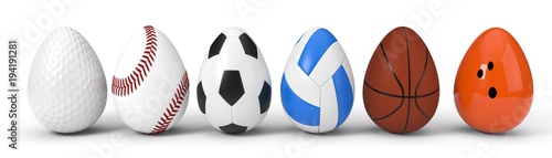 diffferent sport balls as easter egg. easter concept with sport theme. 3d illustration.
