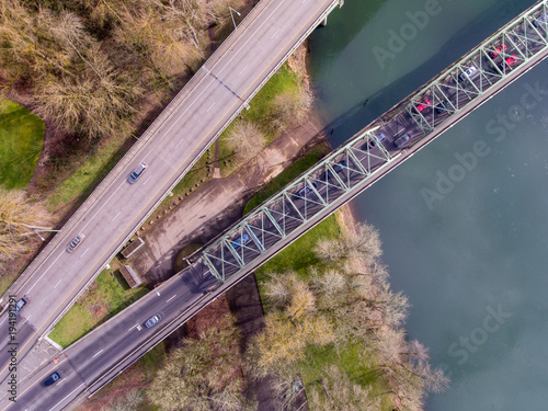 DRONE PHOTO OF TWO BRIDGES WITH TRAFFIC CONVERGING