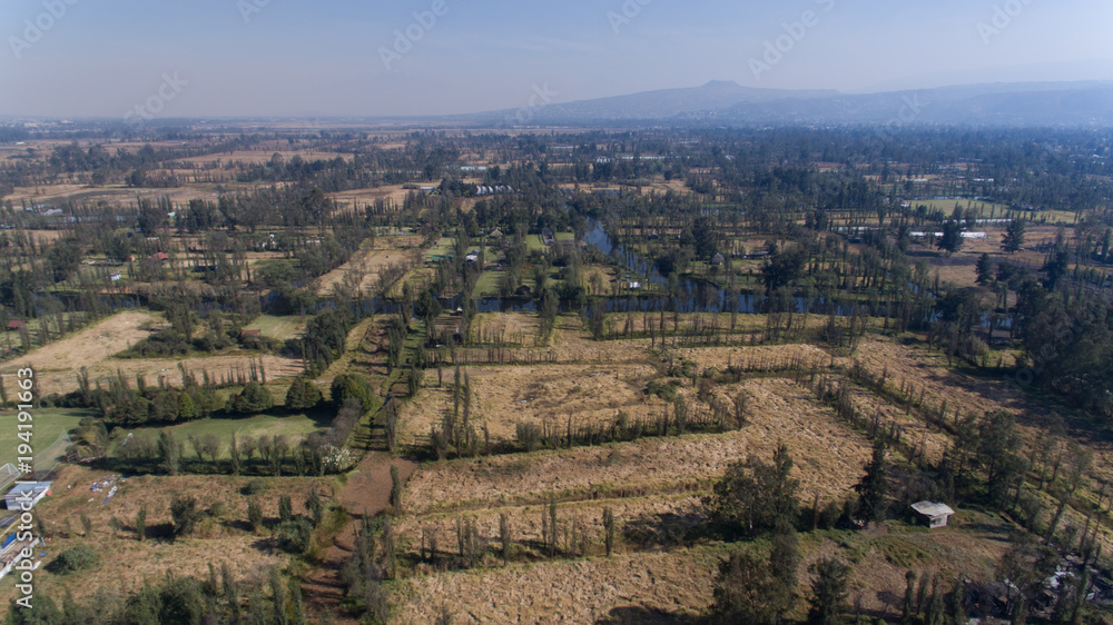 Xochimilco, famous wetlands from Mexico City, Aerial view,