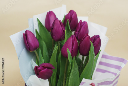 Fototapeta Naklejka Na Ścianę i Meble -  Bouquet of Spring purple tulips for use as background. Selective focus. Vertical Image.