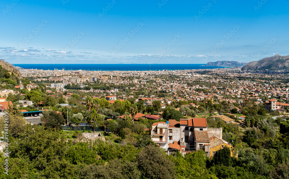 Panoramic view of Palermo city and mediterranean sea coast around from Monreale, Italy

