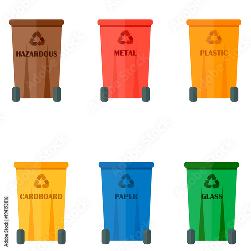 Different recycling garbage waste types sorting processing, treatment remaking trash utilize icons vector illustration.