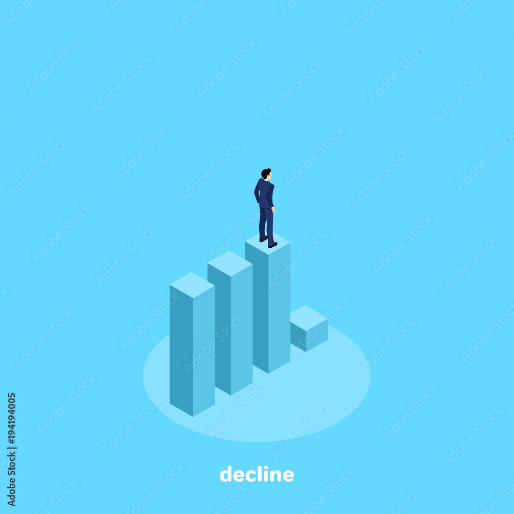 a man in a business suit stands on the diagram before the decline, isometric image a man in a business suit stands on the diagram before the decline, isometric image