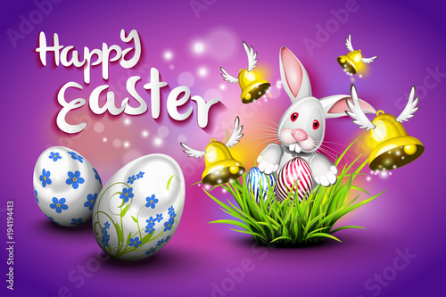 Happy Easter, eggs, bells and rabbit