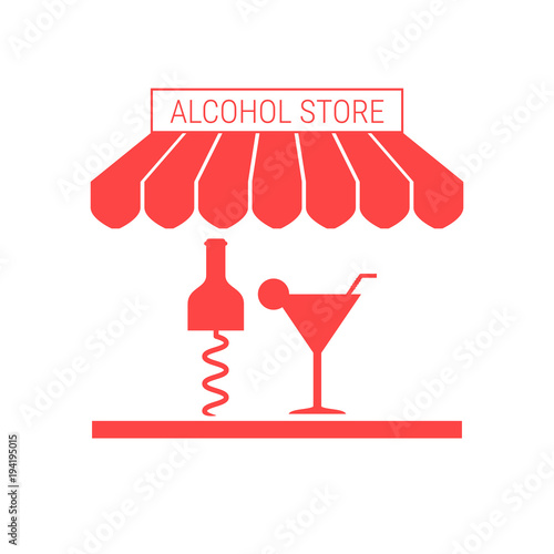 Alcohol Store, Liquor Shop, Bar Single Flat Vector Icon. Striped Awning and Signboard