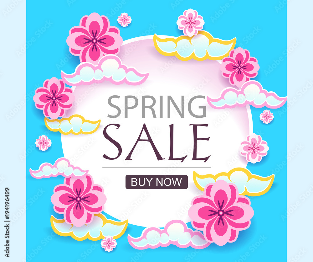 Cut paper Spring Sale banner. Vector modern poster for promotion on typography or web, online shops.