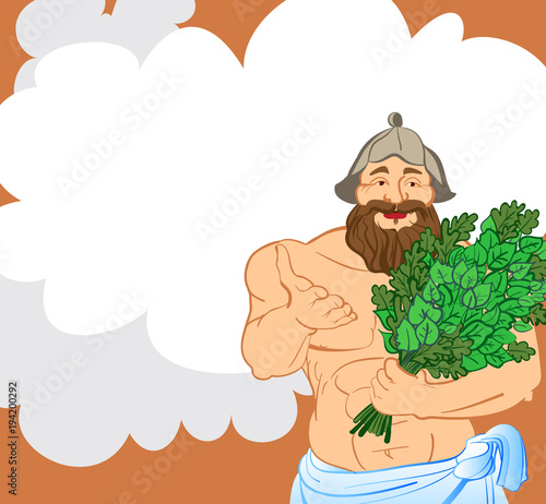 Cartoon style poster for bath house and sauna with male character. Vector illustration.