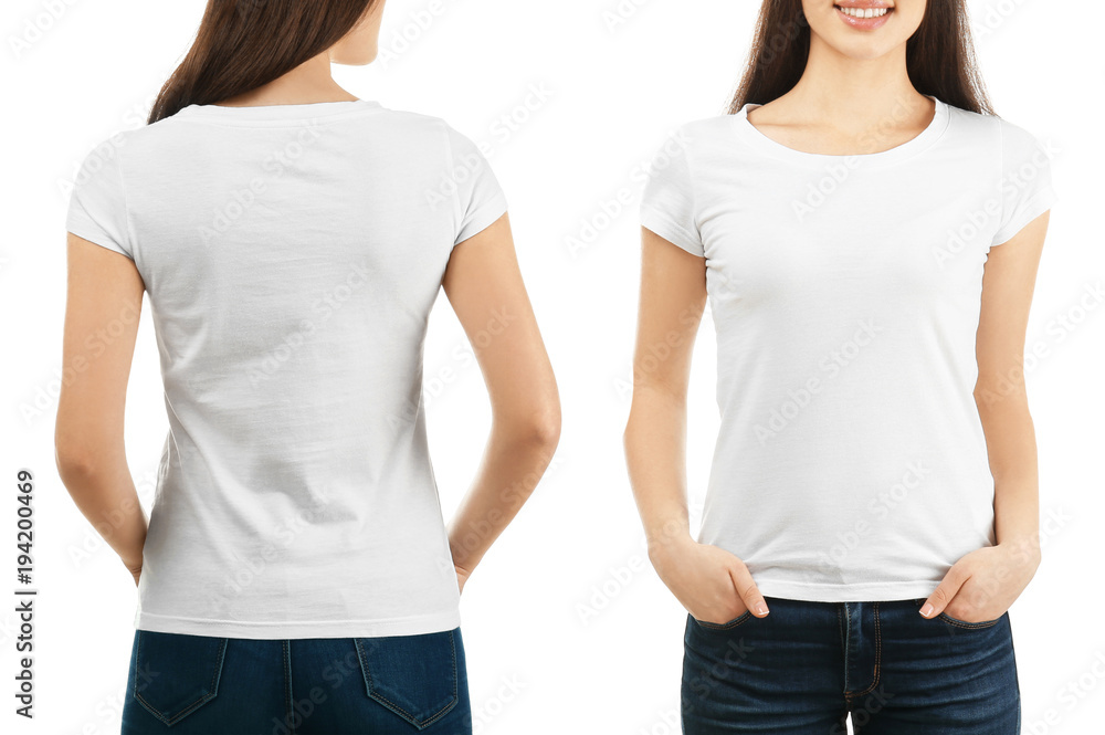Front and back views of young woman in stylish t-shirt on white background. Mockup for design - obrazy, fototapety, plakaty 