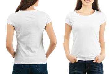 Front and back views of young woman in stylish t-shirt on white background. Mockup for design