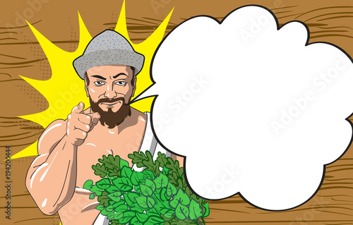 Cartoon style poster for bath house and sauna with male character. Vector illustration.