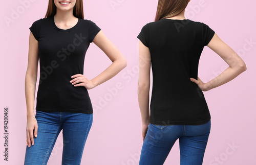 Front and back views of young woman in stylish t-shirt on pink background. Mockup for design