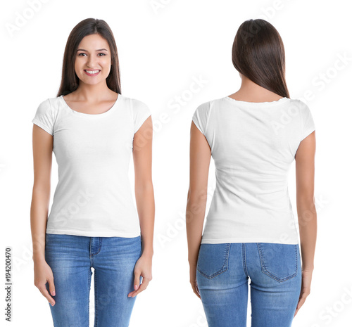 Front and back views of young woman in stylish t-shirt on white background. Mockup for design