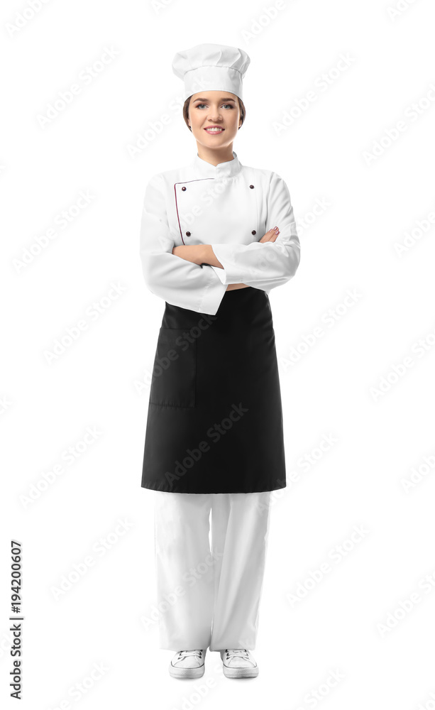 Portrait of female chef on white background Portrait of female chef on white background