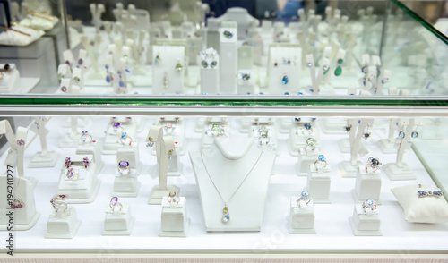 Showcase with jewelry in shop