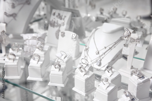 Showcase with jewelry in shop