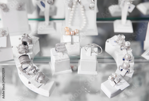 Showcase with jewelry in shop