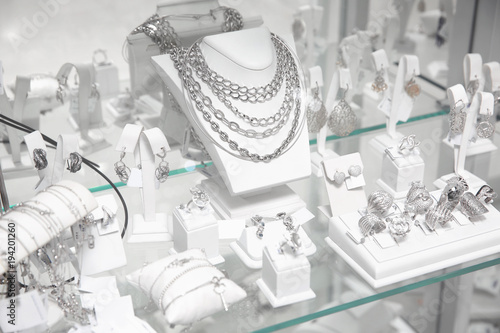 Showcase with jewelry in shop