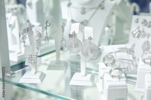 Showcase with jewelry in shop