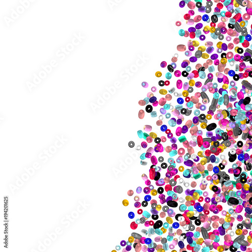 Beads background. Fashion accessory. Handmade craft. Glass beads top view. Sequins. Heap of gems. Rhinestones wallpaper. Realistic illustration. 3d rendering. Jewelry making.