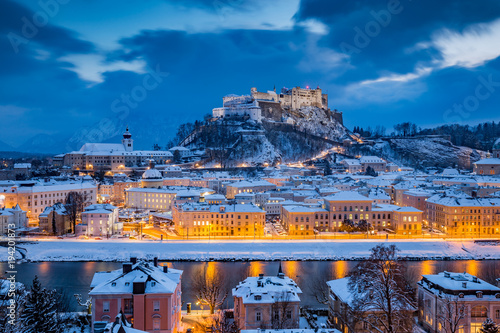 Classic view of Salzburg at Christmas time in winter, Austria