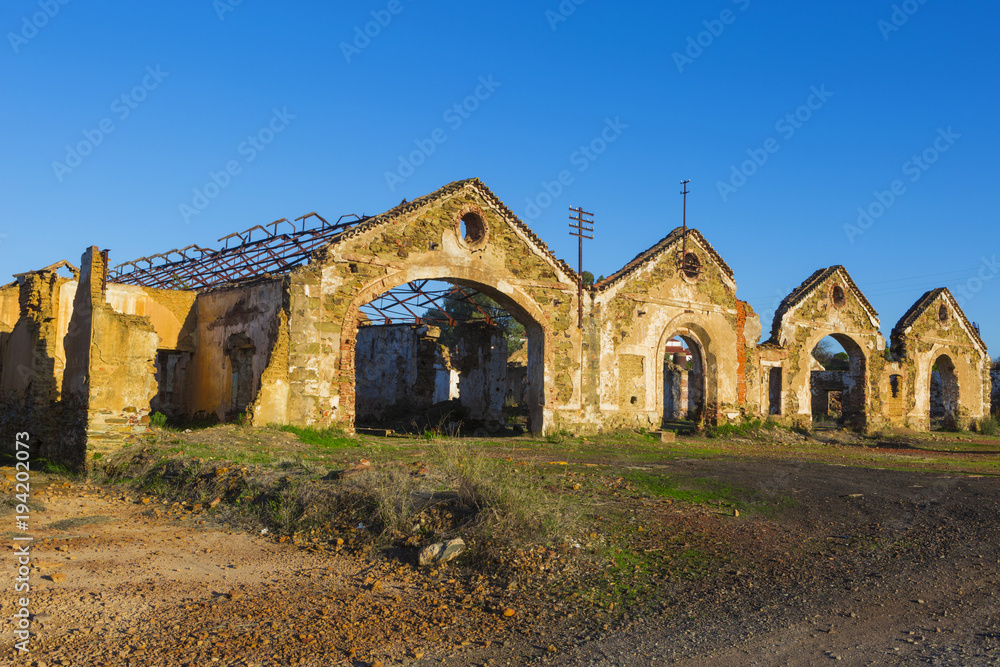 Ruins of abandoned loading bays for trucks and railway at Sao Domingos  mine in Alentejo, Portugal