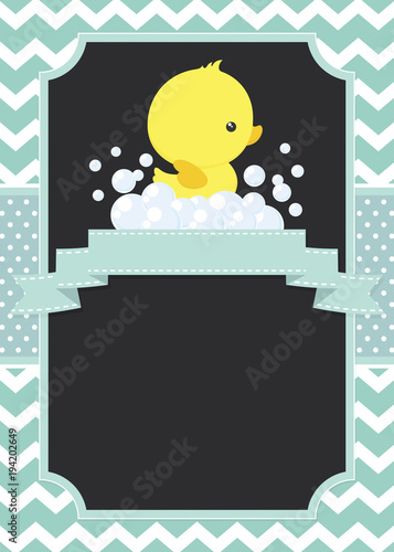 cute baby shower card with little baby rubber duck on chevron pattern and polka dots background