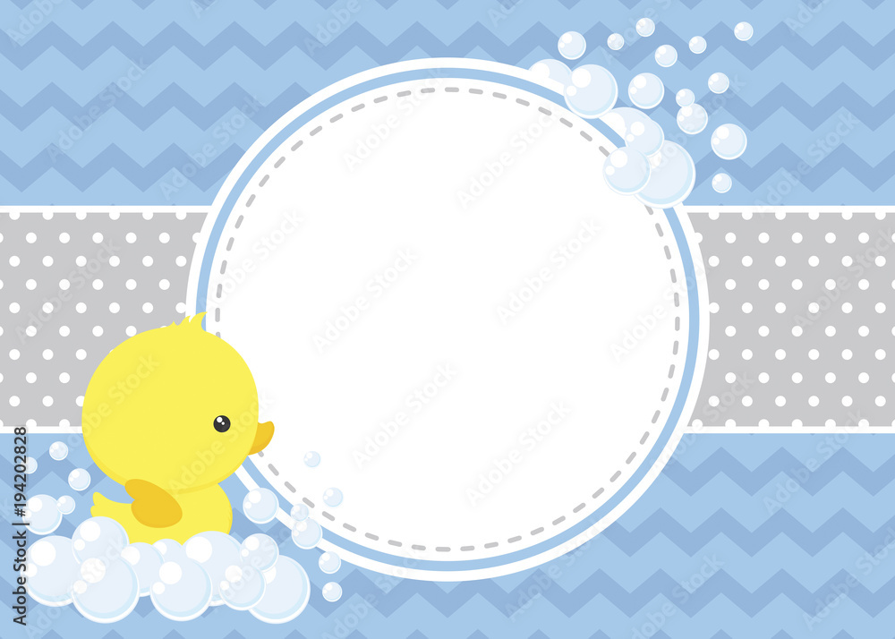 cute baby shower card with little baby rubber duck and bubbles on chevron  pattern and polka dots background Stock Vector | Adobe Stock