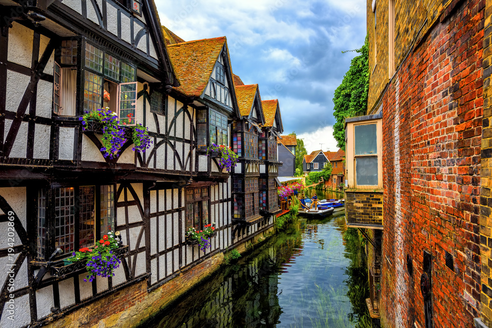Medieval houses and river Stour in Canterbury Old Town, Kent, England