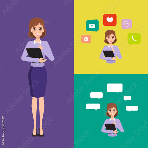 woman character to communication infographic. illustration vector design.