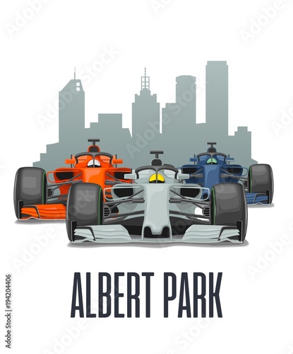Cityline Melbourne and three racing cars on Grand Prix Australia.