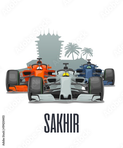 Cityline Sakhir and three racing cars on Grand Prix Bahrain . Vector flat