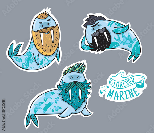 Animals patch collection of hipster walruses with beards and tattoos in cartoon style. Vector fun stickers