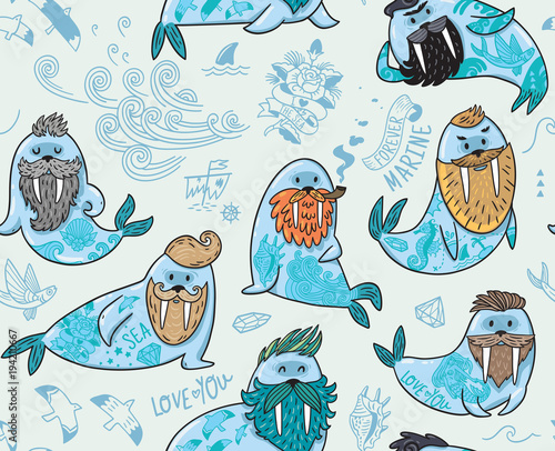 Seamless pattern with hipster walruses with beards and tattoos in cartoon style. Vector illustration