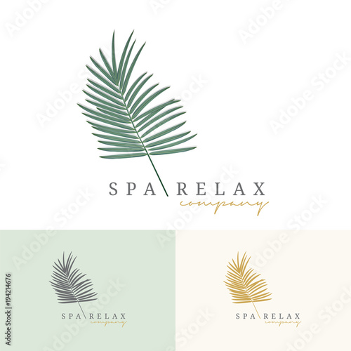 Palm coconut tress logo. For resort hotel packaging branding. Premium logo green and gold color style. Vector illustration.