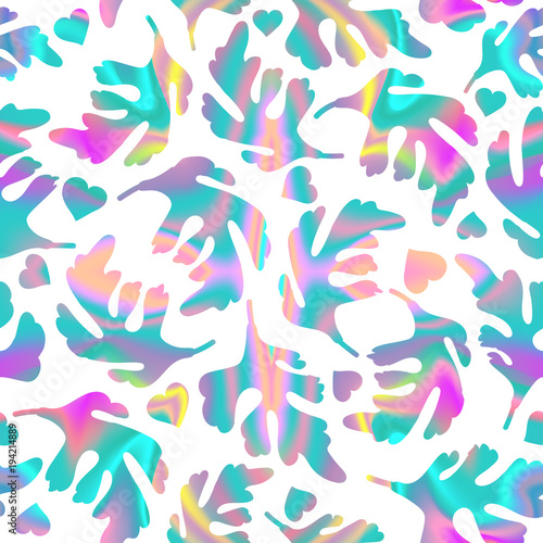 Cool illustration with holographic leaf. Creative gradient seamless pattern. Modern background in 80s 90s pop art style. Abstract vector background